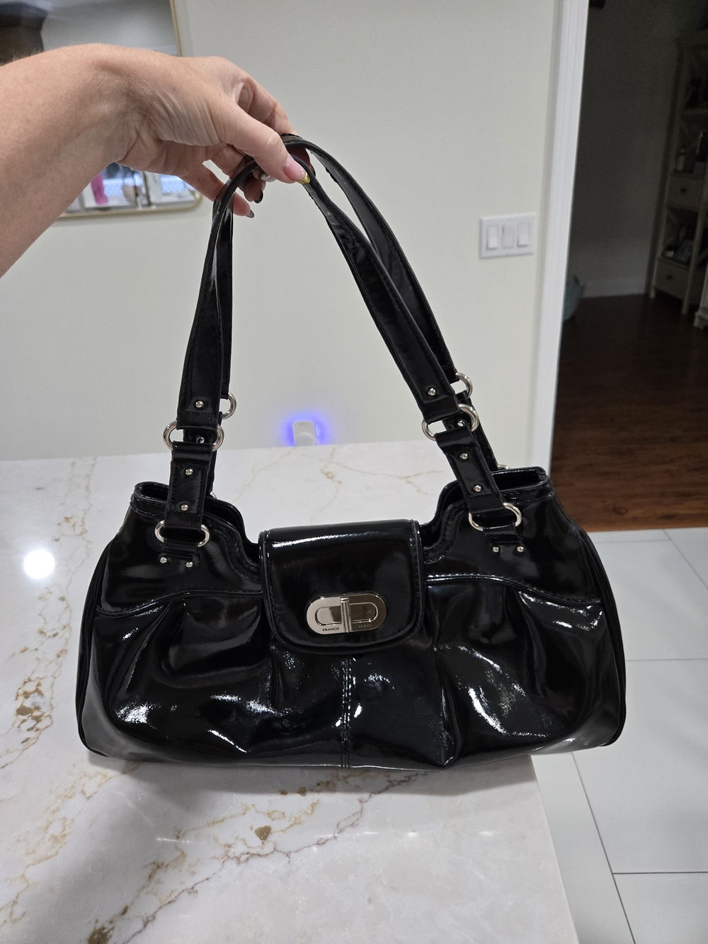 Franco Sarto Black Patent Shoulder Bag with Silver Hardware